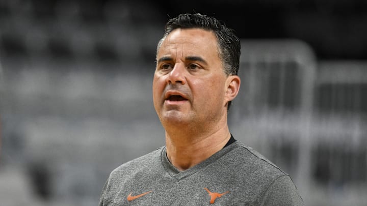 Texas Longhorns head coach Sean Miller looks on during a practice session ahead of the West Regional of the men's 2026 NCAA Tournament at SAP Center.