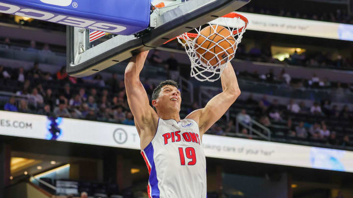 Mar 3, 2024; Orlando, Florida, USA; Detroit Pistons forward Simone Fontecchio (19) dunks during the second half against the Orlando Magic at KIA Center. Mandatory Credit: Mike Watters-USA TODAY Sports