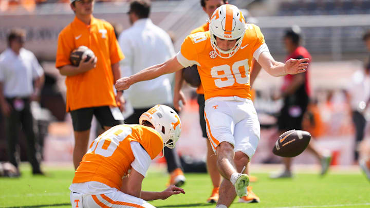 Tennessee place kicker Max Gilbert (90) kicks a field goal before a NCAA football game between Tennessee and Georgia at Neyland Stadium in Knoxville, Tennessee, on September 13, 2025.