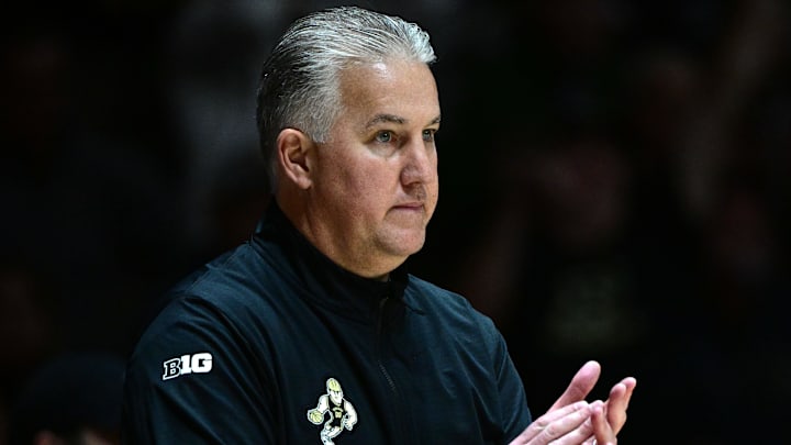 Dec 10, 2025; West Lafayette, Indiana, USA;  Purdue Boilermakers head coach Matt Painter reacts to a call during the second half against the Minnesota Golden Gophers at Mackey Arena. Mandatory Credit: Marc Lebryk-Imagn Images