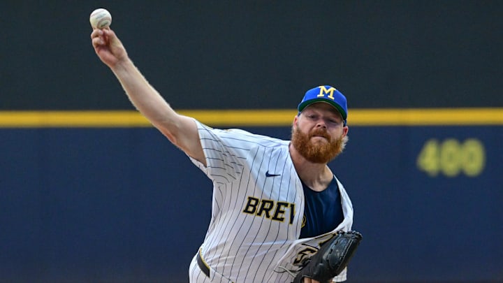 Jul 27, 2025; Milwaukee, Wisconsin, USA; Milwaukee Brewers starting pitcher Brandon Woodruff (53) throws a pitch in the first inning against the Miami Marlins at American Family Field. Mandatory Credit: Benny Sieu-Imagn Images