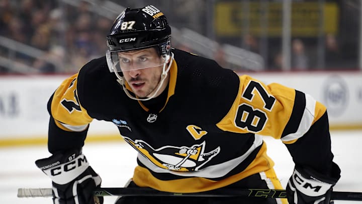 Feb 20, 2024; Pittsburgh, Pennsylvania, USA; Pittsburgh Penguins center Sidney Crosby (87) prepares