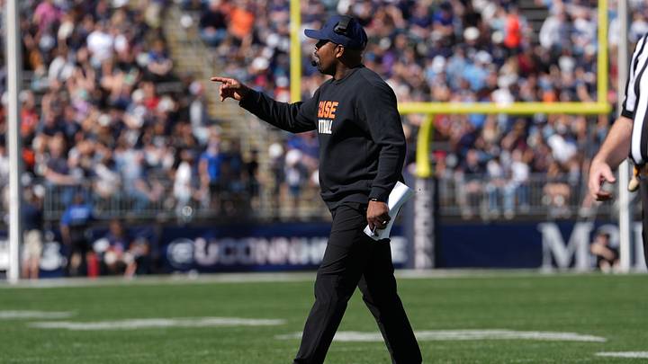 Oct 3, 2026; East Hartford, Connecticut, USA; Syracuse Orange head coach Fran Brown points to his players on the sideline during the first half against the Connecticut Huskies at Pratt & Whitney Stadium at Rentschler Field. Mandatory Credit: Gregory Fisher-Imagn Images Oct 3, 2026; East Hartford, Connecticut, USA; Syracuse Orange head coach Fran Brown points to his players on the sideline during the first half against the Connecticut Huskies at Pratt & Whitney Stadium at Rentschler Field. Mandatory Credit: Gregory Fisher-Imagn Images