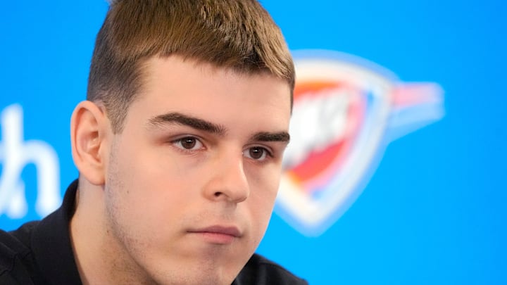 Nikola Topic speaks during an introductory press conference for the 2024 Thunder draft picks at Oklahoma Contemporary Arts Center in Oklahoma City, Saturday, June, 29, 2024.