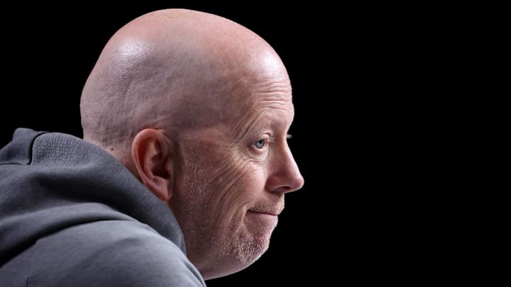 Mar 19, 2026; Philadelphia, PA, USA; UCLA Bruins head coach Mick Cronin speaks with the media before a practice session ahead of the first round of the men's 2026 NCAA Tournament at Xfinity Mobile Arena. Mandatory Credit: Bill Streicher-Imagn Images