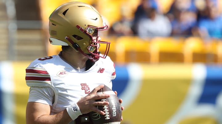 Oct 4, 2025; Pittsburgh, Pennsylvania, USA; Boston College Eagles quarterback Dylan Lonergan (9) looks to pass against the Pittsburgh Panthers during the first quarter at Acrisure Stadium. Mandatory Credit: Charles LeClaire-Imagn Images