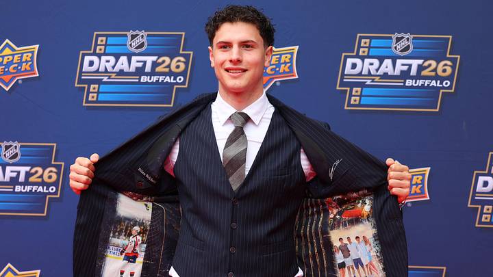 Jun 26, 2026; Buffalo, New York, USA; NHL prospect Ethan Belchetz before the first round of the 2026 NHL Draft at KeyBank Center. Mandatory Credit: Timothy T. Ludwig-Imagn Images