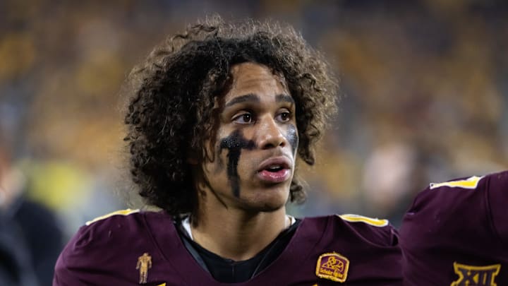 Nov 28, 2025; Tempe, Arizona, USA; Arizona State Sun Devils wide receiver Jordyn Tyson (0) against the Arizona Wildcats during the 99th Territorial Cup at Mountain America Stadium. Mandatory Credit: Mark J. Rebilas-Imagn Images