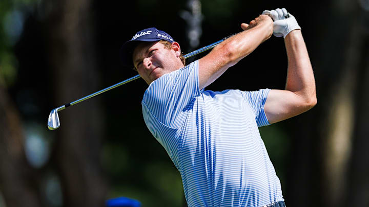 Jul 10, 2022; Nicholasville, Kentucky, USA; Vince Whaley plays his shot from the 17th tee during the