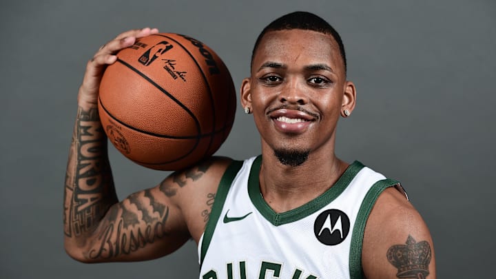 Sep 30, 2024; Milwaukee, WI, USA;  Milwaukee Bucks guard James Akinjo (23) during Media Day at Fiserv Forum.   Mandatory Credit: Benny Sieu-Imagn Images