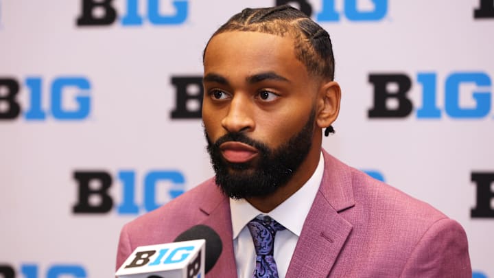 Oct 3, 2024; Rosemont, IL, USA; Nebraska guard Brice Williams takes a question at the podium during the 2024 Big Ten Menís Basketball media day at Donald E. Stephens Convention Center.