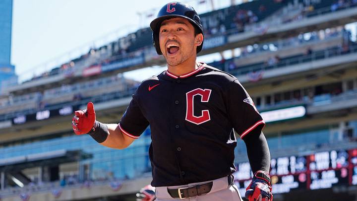 Sep 13, 2026: Cleveland Guardians left fielder Steven Kwan (38) celebrates his solo home run against the Minnesota Twins in the first inning at Target Field. Credit: Bruce Kluckhohn-Imagn Images