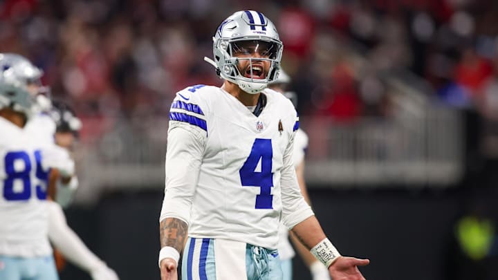 Nov 3, 2024; Atlanta, Georgia, USA; Dallas Cowboys quarterback Dak Prescott (4) reacts to a penalty against the Atlanta Falcons in the third quarter at Mercedes-Benz Stadium.