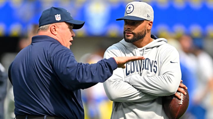 Oct 9, 2022; Inglewood, California, USA; Dallas Cowboys head coach Mike McCarthy talks with