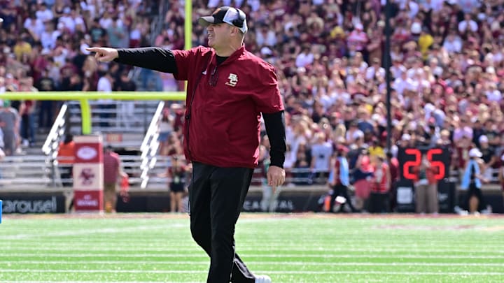 Sep 28, 2024; Chestnut Hill, Massachusetts, USA; Boston College Eagles head coach Bill O'Brien signals during the first half against the Western Kentucky Hilltoppers at Alumni Stadium. Mandatory Credit: Eric Canha-Imagn Images Sep 28, 2024; Chestnut Hill, Massachusetts, USA; Boston College Eagles head coach Bill O'Brien signals during the first half against the Western Kentucky Hilltoppers at Alumni Stadium. Mandatory Credit: Eric Canha-Imagn Images