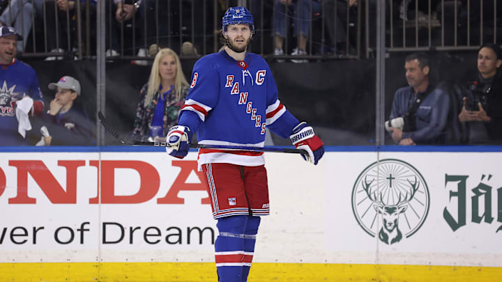 May 13, 2024; New York, New York, USA; New York Rangers defenseman Jacob Trouba (8) reacts during the third period of game five of the second round of the 2024 Stanley Cup Playoffs against the Carolina Hurricanes at Madison Square Garden. Mandatory Credit: Brad Penner-USA TODAY Sports