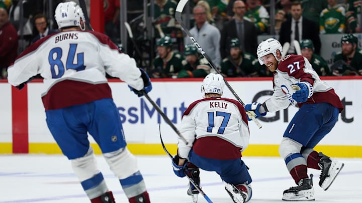 May 11, 2026; Saint Paul, Minnesota, USA; Colorado Avalanche center Parker Kelly (17) celebrates his goal against the Minnesota Wild during the third period in game four of the second round of the 2026 Stanley Cup Playoffs at Grand Casino Arena. Mandatory Credit: Matt Krohn-Imagn Images May 11, 2026; Saint Paul, Minnesota, USA; Colorado Avalanche center Parker Kelly (17) celebrates his goal against the Minnesota Wild during the third period in game four of the second round of the 2026 Stanley Cup Playoffs at Grand Casino Arena. Mandatory Credit: Matt Krohn-Imagn Images