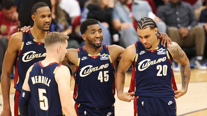 May 23, 2026; Cleveland, Ohio, USA; Cleveland Cavaliers guard Donovan Mitchell (45) huddles around teammates during the fourth quarter against the New York Knicks during game three of the eastern conference finals for the 2026 NBA playoffs at Rocket Arena. Mandatory Credit: Scott Galvin-Imagn Images May 23, 2026; Cleveland, Ohio, USA; Cleveland Cavaliers guard Donovan Mitchell (45) huddles around teammates during the fourth quarter against the New York Knicks during game three of the eastern conference finals for the 2026 NBA playoffs at Rocket Arena. Mandatory Credit: Scott Galvin-Imagn Images