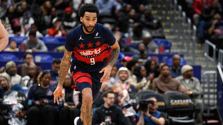 Mar 5, 2025; Washington, District of Columbia, USA; Washington Wizards forward Justin Champagnie (9) reacts during the third quarter against the Utah Jazz at Capital One Arena. Mandatory Credit: Reggie Hildred-Imagn Images