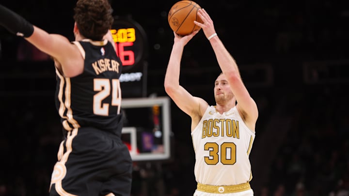 Jan 17, 2026; Atlanta, Georgia, USA; Boston Celtics forward Sam Hauser (30) shoots against the Atlanta Hawks in the fourth quarter at State Farm Arena. Mandatory Credit: Brett Davis-Imagn Images