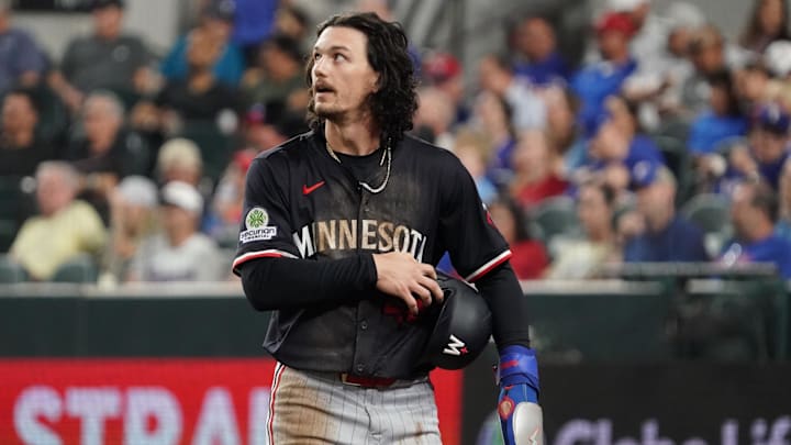 Sep 23, 2025; Arlington, Texas, USA; Minnesota Twins outfielder James Outman (43) looks up at the scoreboard after scoring during the sixth inning against the Texas Rangers at Globe Life Field. Mandatory Credit: Raymond Carlin III-Imagn Images