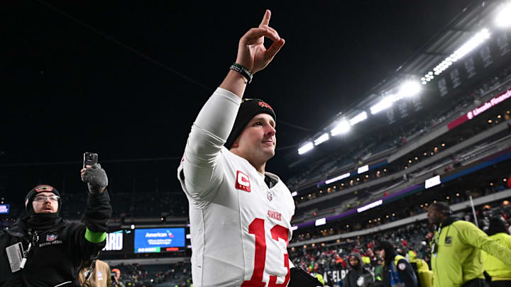 Jan 11, 2026; Philadelphia, PA, USA; San Francisco 49ers quarterback Brock Purdy (13) leaves the field after an NFC Wild Card Round game against the Philadelphia Eagles at Lincoln Financial Field. Mandatory Credit: Eric Hartline-Imagn Images Jan 11, 2026; Philadelphia, PA, USA; San Francisco 49ers quarterback Brock Purdy (13) leaves the field after an NFC Wild Card Round game against the Philadelphia Eagles at Lincoln Financial Field. Mandatory Credit: Eric Hartline-Imagn Images