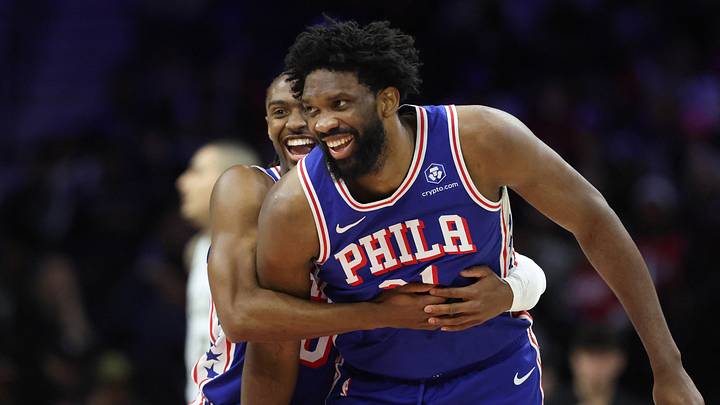 Jan 27, 2026; Philadelphia, Pennsylvania, USA; Philadelphia 76ers center Joel Embiid (21) celebrates with guard Tyrese Maxey (0) after their alley oop dunk connection against the Milwaukee Bucks during the second quarter at Xfinity Mobile Arena. Mandatory Credit: Bill Streicher-Imagn Images Jan 27, 2026; Philadelphia, Pennsylvania, USA; Philadelphia 76ers center Joel Embiid (21) celebrates with guard Tyrese Maxey (0) after their alley oop dunk connection against the Milwaukee Bucks during the second quarter at Xfinity Mobile Arena. Mandatory Credit: Bill Streicher-Imagn Images