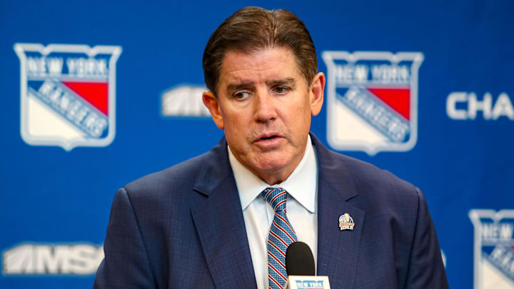 Mar 22, 2025; New York, New York, USA; New York Rangers head coach Peter Laviolette speaks with the media after a 5-3 win against the Vancouver Canucks at Madison Square Garden. Mandatory Credit: Danny Wild-Imagn Images
