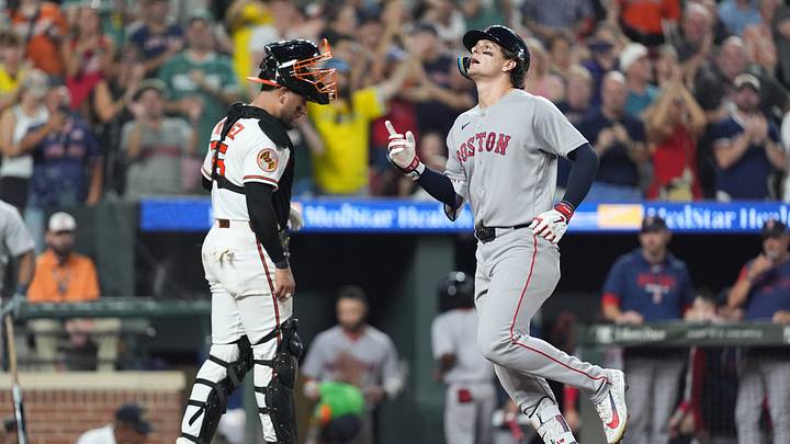 Sep 3, 2026; Baltimore, Maryland, USA; Boston Red Sox designated hitter Roman Anthony (19) reacts to hitting a home run against the Baltimore Orioles as he crosses home plate during the ninth inning at Oriole Park at Camden Yards. Mandatory Credit: Gregory Fisher-Imagn Images Sep 3, 2026; Baltimore, Maryland, USA; Boston Red Sox designated hitter Roman Anthony (19) reacts to hitting a home run against the Baltimore Orioles as he crosses home plate during the ninth inning at Oriole Park at Camden Yards. Mandatory Credit: Gregory Fisher-Imagn Images