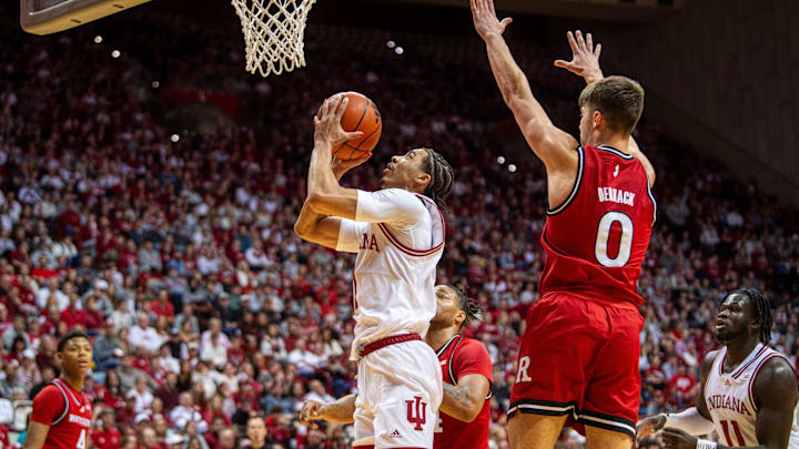 Indiana's Myles Rice (1) scores after being fouled during the Indiana versus Rutgers men's basketball game at Simon Skjodt Assembly Hall on Thursday, Jan. 2, 2025.
