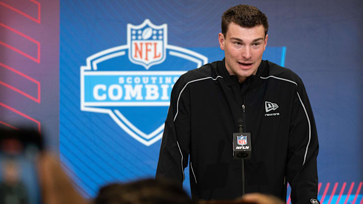 Feb 27, 2026; Indianapolis, IN, USA; Indiana quarterback Fernando Mendoza (QB11) speaks to members of the media during the NFL Combine at the Indiana Convention Center. Mandatory Credit: Jacob Musselman-Imagn Images