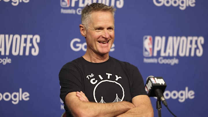 Apr 20, 2025; Houston, Texas, USA; Golden State Warriors head coach Steve Kerr talks with the media before the game against the Houston Rockets at Toyota Center. Mandatory Credit: Troy Taormina-Imagn Images Apr 20, 2025; Houston, Texas, USA; Golden State Warriors head coach Steve Kerr talks with the media before the game against the Houston Rockets at Toyota Center. Mandatory Credit: Troy Taormina-Imagn Images