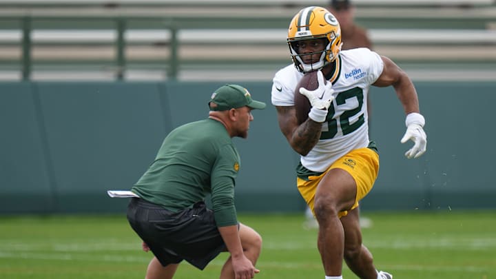 Running back MarShawn Lloyd (32) is shown during organized team activities for the Green Bay Packers Tuesday, May 21, 2024 in Green Bay, Wisconsin.