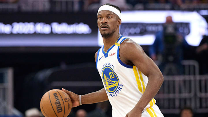 Apr 13, 2025; San Francisco, California, USA; Golden State Warriors forward Jimmy Butler III (10) controls the ball against the LA Clippers during the first quarter at Chase Center. Mandatory Credit: Robert Edwards-Imagn Images Apr 13, 2025; San Francisco, California, USA; Golden State Warriors forward Jimmy Butler III (10) controls the ball against the LA Clippers during the first quarter at Chase Center. Mandatory Credit: Robert Edwards-Imagn Images