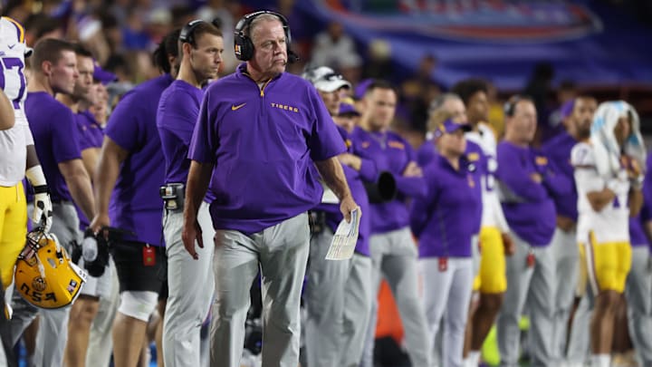 Nov 16, 2024; Gainesville, Florida, USA; LSU Tigers head coach Brian Kelly against the Florida Gators during the second half at Ben Hill Griffin Stadium. Mandatory Credit: Kim Klement Neitzel-Imagn Images