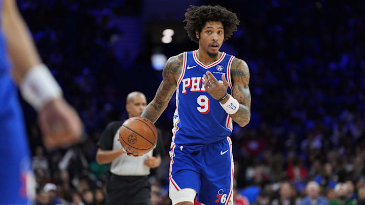 Philadelphia 76ers guard Kelly Oubre Jr controls the ball against the Cleveland Cavaliers in the first quarter at Wells Fargo Center. 