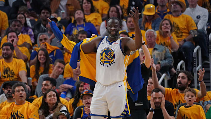 May 10, 2025; San Francisco, California, USA; Golden State Warriors forward Draymond Green (23) reacts after his sixth foul against the Minnesota Timberwolves in the fourth quarter during game three in the second round for the 2025 NBA Playoffs at Chase Center. Mandatory Credit: David Gonzales-Imagn Images