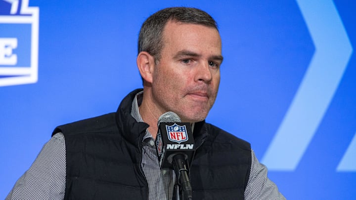 Feb 28, 2023; Indianapolis, IN, USA; Buffalo Bills general manager Brandon Beane speaks to the press at the NFL Combine at Lucas Oil Stadium. Mandatory Credit: Trevor Ruszkowski-Imagn Images