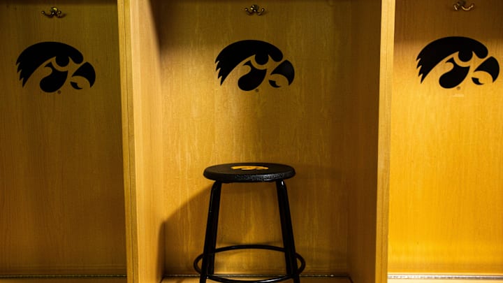 A stool sits inside a locker below a Tigerhawk logo during a behind the scenes tour, Friday, Aug. 23, 2019, at Kinnick Stadium in Iowa City, Iowa.

190823 Kinnick Tour 005 Jpg