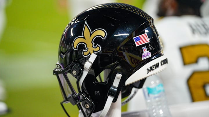 Oct 7, 2024; Kansas City, Missouri, USA; A general view of a New Orleans Saints helmet against the Kansas City Chiefs during the first half at GEHA Field at Arrowhead Stadium. Mandatory Credit: Denny Medley-Imagn Images