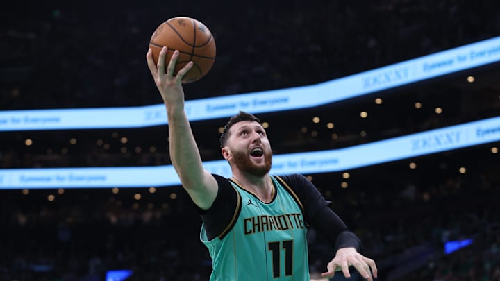 Apr 13, 2025; Boston, Massachusetts, USA; Charlotte Hornets center Jusuf Nurkic (11) shoots during the second half against the Boston Celtics at TD Garden. Mandatory Credit: Paul Rutherford-Imagn Images
