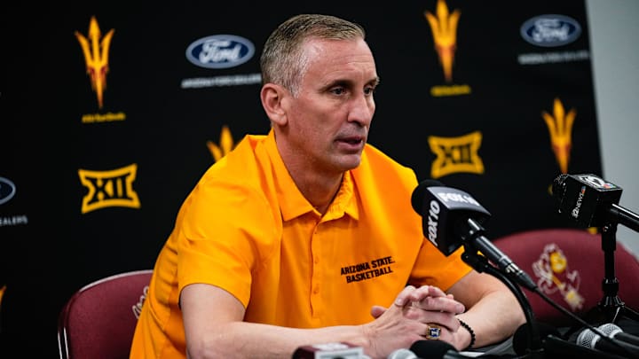 Mar 8, 2025; Tempe, Arizona, USA; Arizona State Sun Devils head coach Bobby Hurley during the press conference at Desert Financial Arena. Mandatory Credit: Arianna Grainey-Imagn Images