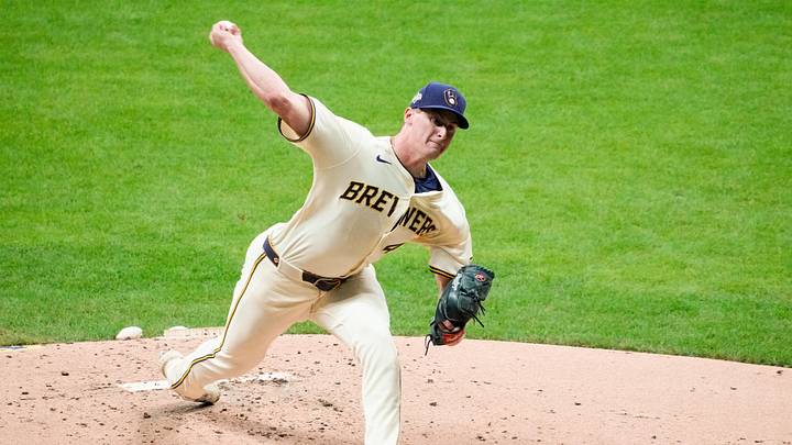 Oct 13, 2025; Milwaukee, Wisconsin, USA; Milwaukee Brewers pitcher Quinn Priester (46) throws a pitch against the Los Angeles Dodgers in the second inning during game one of the NLCS round for the 2025 MLB playoffs at American Family Field. Mandatory Credit: Michael McLoone-Imagn Images Oct 13, 2025; Milwaukee, Wisconsin, USA; Milwaukee Brewers pitcher Quinn Priester (46) throws a pitch against the Los Angeles Dodgers in the second inning during game one of the NLCS round for the 2025 MLB playoffs at American Family Field. Mandatory Credit: Michael McLoone-Imagn Images