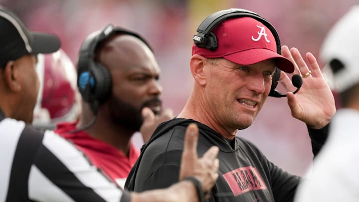 Alabama Crimson Tide head coach Kalen Deboer talks on the sideline Thursday, Jan. 1, 2026, during the Rose Bowl and quarterfinal game of the College Football Playoff against Indiana Hoosiers at Rose Bowl Stadium in Pasadena, Calif.
