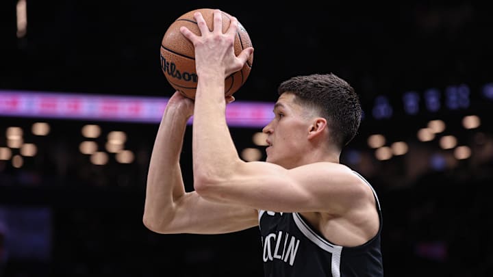 Dec 6, 2025; Brooklyn, New York, USA; Brooklyn Nets guard Egor Demin (8) shoots the ball against the New Orleans Pelicans during the second half at Barclays Center. Mandatory Credit: Vincent Carchietta-Imagn Images Dec 6, 2025; Brooklyn, New York, USA; Brooklyn Nets guard Egor Demin (8) shoots the ball against the New Orleans Pelicans during the second half at Barclays Center. Mandatory Credit: Vincent Carchietta-Imagn Images
