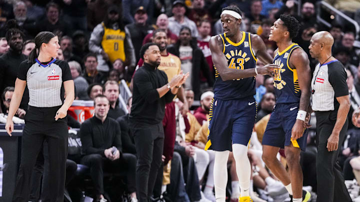 Jan 14, 2025; Indianapolis, IN, USA; Indiana Pacers forward Pascal Siakam (43) holds back Indiana Pacers guard Bennedict Mathurin (00) as he gets ejected from the game Tuesday, Jan. 14, 2025, during an NBA game between the Indiana Pacers and the Cleveland Cavaliers at Gainbridge Fieldhouse in Indianapolis. The Cavaliers defeated the Pacers, 127-117. Mandatory Credit: Grace Smith/USA TODAY Network via Imagn Images Jan 14, 2025; Indianapolis, IN, USA; Indiana Pacers forward Pascal Siakam (43) holds back Indiana Pacers guard Bennedict Mathurin (00) as he gets ejected from the game Tuesday, Jan. 14, 2025, during an NBA game between the Indiana Pacers and the Cleveland Cavaliers at Gainbridge Fieldhouse in Indianapolis. The Cavaliers defeated the Pacers, 127-117. Mandatory Credit: Grace Smith/USA TODAY Network via Imagn Images