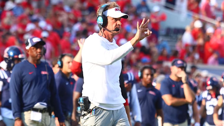 Sep 20, 2025; Oxford, Mississippi, USA; Mississippi Rebels head coach Lane Kiffin reacts during the fourth quarter against the Tulane Green Wave at Vaught-Hemingway Stadium. Mandatory Credit: Petre Thomas-Imagn Images Sep 20, 2025; Oxford, Mississippi, USA; Mississippi Rebels head coach Lane Kiffin reacts during the fourth quarter against the Tulane Green Wave at Vaught-Hemingway Stadium. Mandatory Credit: Petre Thomas-Imagn Images