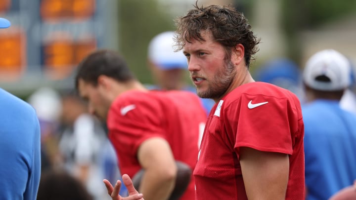 Los Angeles Rams quarterback Matthew Stafford (9) stands on a sideline during training camp at Loyola Marymount University