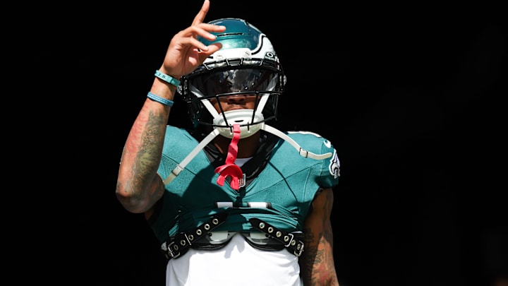 Sep 28, 2025; Tampa, Florida, USA; Philadelphia Eagles wide receiver Devonta Smith (6) enters the field before the game against the Tampa Bay Buccaneers at Raymond James Stadium. Mandatory Credit: Nathan Ray Seebeck-Imagn Images