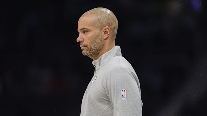 Jan 29, 2025; Charlotte, North Carolina, USA; Brooklyn Nets head coach Jordi Fernandez watches his offense during the first quarter against the Charlotte Hornets at Spectrum Center. Mandatory Credit: Jim Dedmon-Imagn Images
